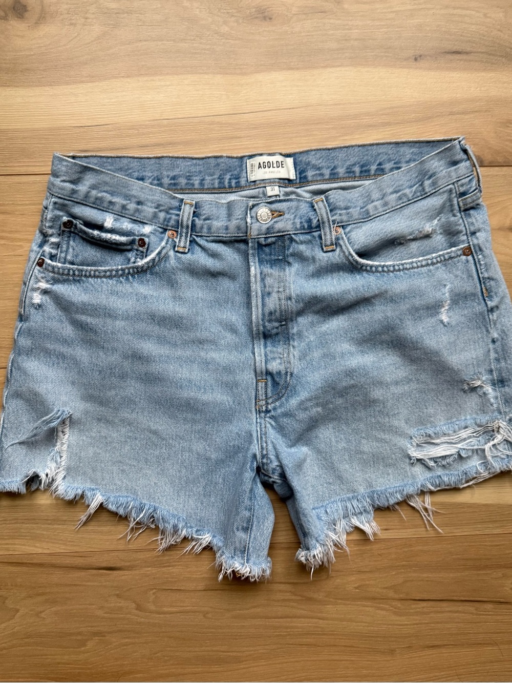 Agolde Parker Long Distressed Denim Shorts